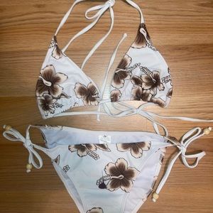 White and brown floral print bikini set